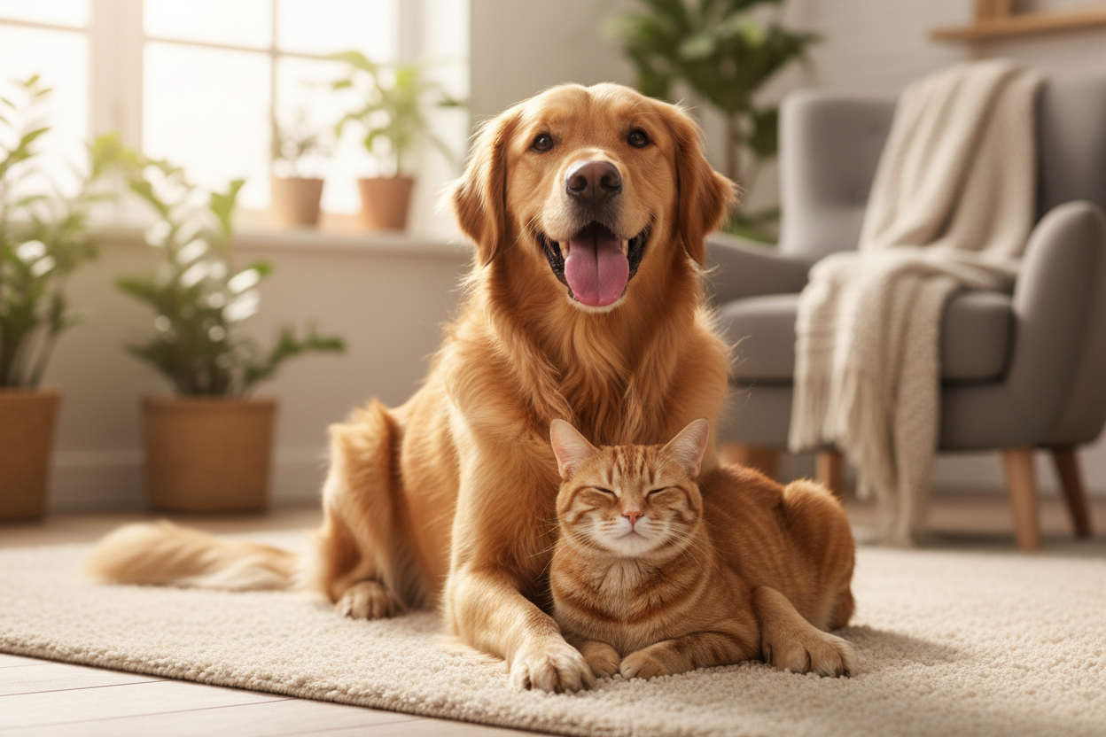 Cozy cat nestled in a fluffy pink pet bed, promoting PAWS & WELLNESS with comfort and style.