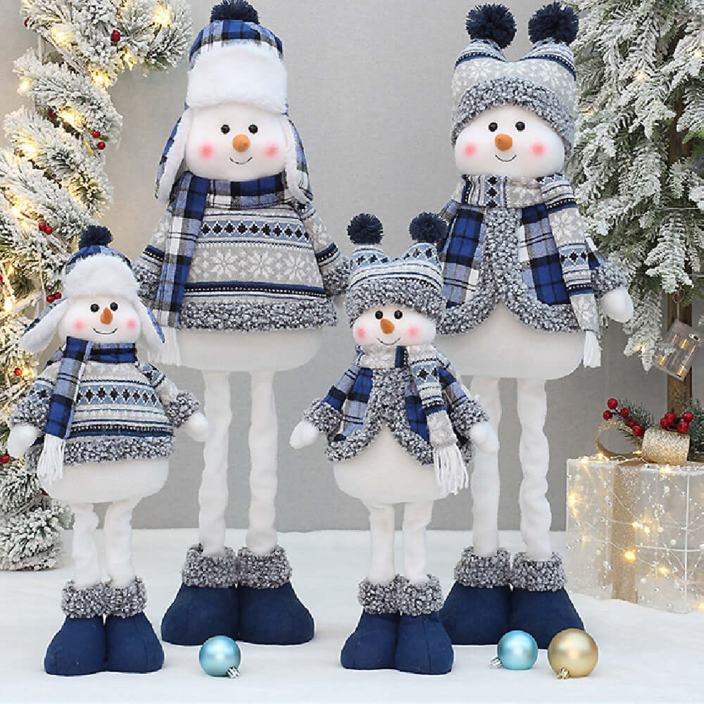 Christmas New Product Blue Fabric Expandable Snowman Doll Adornment Decoration featuring four cute snowmen in cozy outfits.