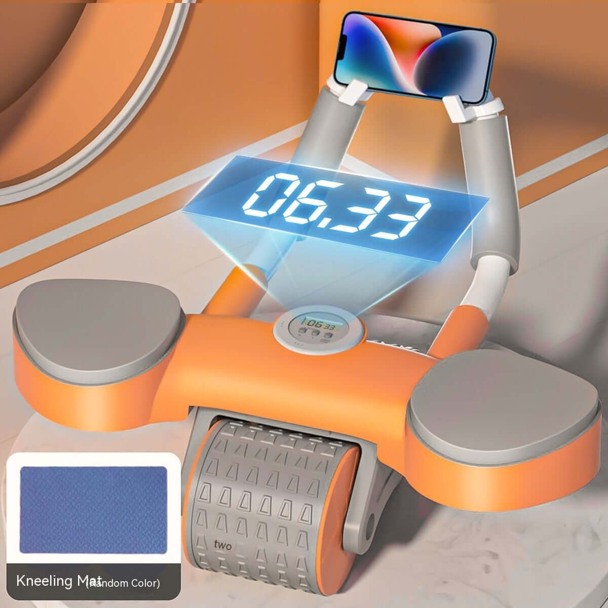 Abdominal Wheel Automatic Rebound Fitness Equipment Health Household with digital display and kneeling mat in orange.