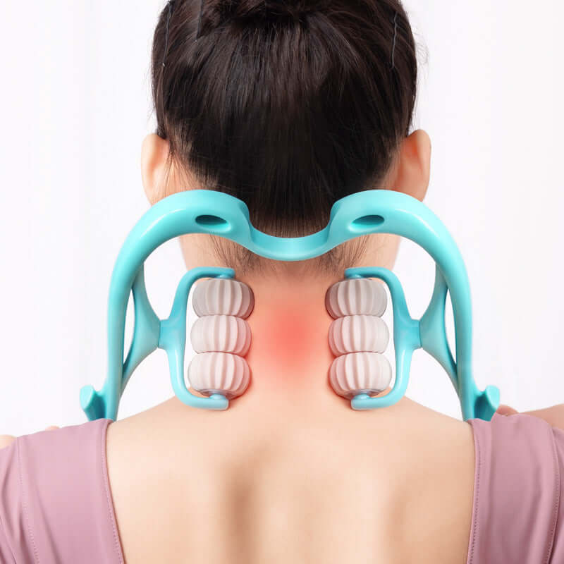 6-wheel neck massager for stress relief in use on a person's neck and shoulders.