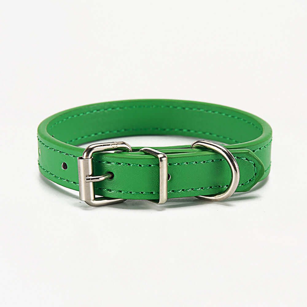 Green PU dog collar featuring a sturdy buckle, perfect for pets of all sizes. Ideal pet collar for everyday use.
