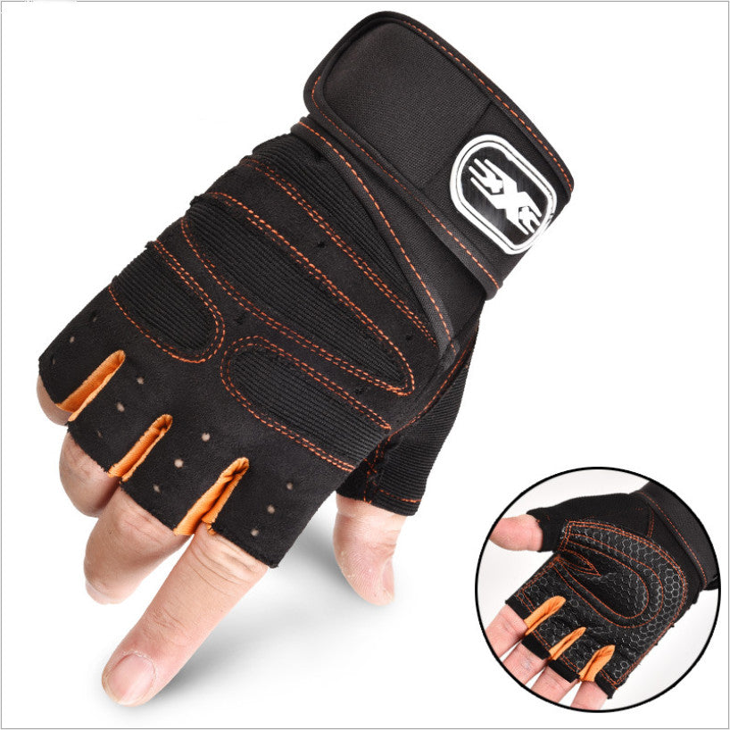 Breathable half finger cycling gloves in black and orange, designed for outdoor biking with comfortable grip and wrist support.