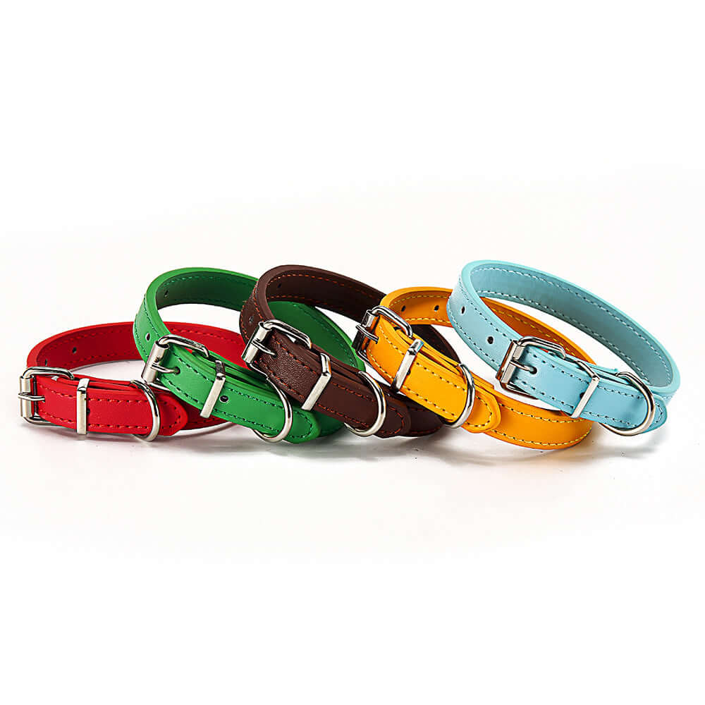 Colorful pet collars made of PU material, ideal for dogs in various sizes, featuring adjustable buckles.