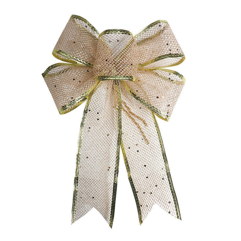 Christmas Bow Ribbon Mesh Finished Product in gold mesh design with sparkling accents for festive decorations.