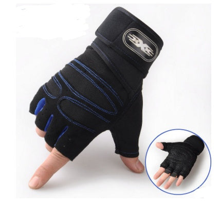 breathable half finger cycling gloves in navy blue, featuring elastic support and microfiber fabric for outdoor biking.