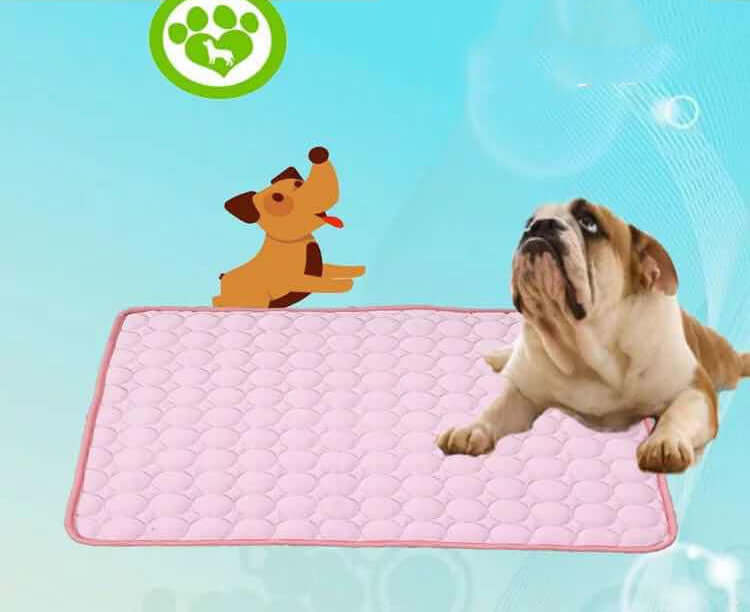 summer cooling mats for pets featuring a pink mat with a dog resting on it and a playful dog illustration.