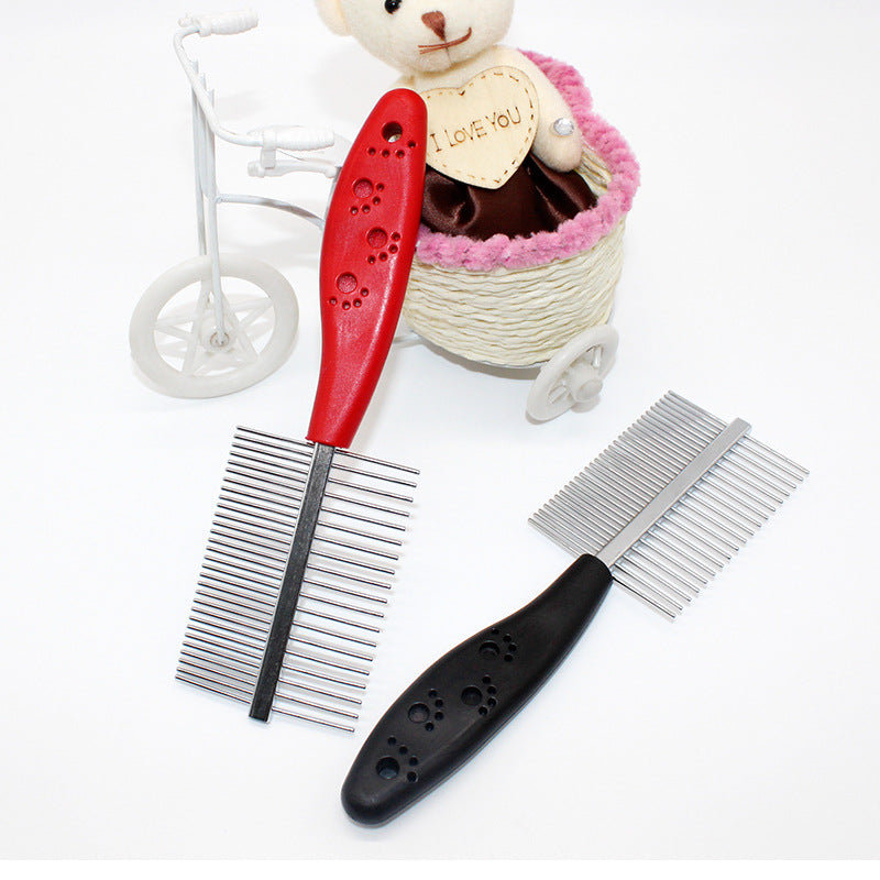 Double-row pet grooming comb in red and black with ergonomic handles for comfortable pet care