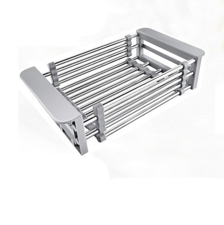 Stainless steel kitchen sink drain basket in gray, featuring anti-corrosion and flexible design for large capacity.