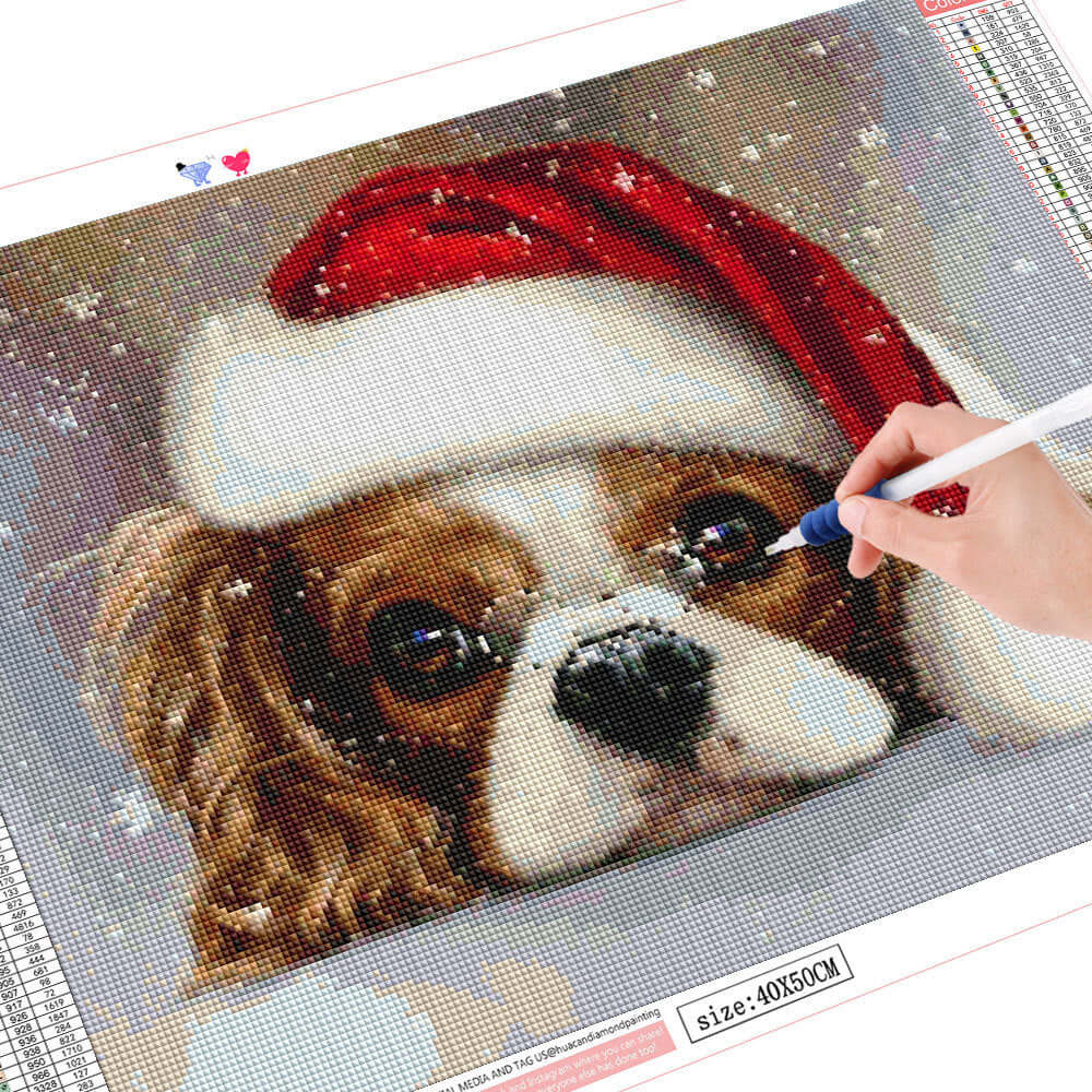 New Product Christmas Cute Pet Theme 5D Diamond Painting featuring a dog in a Santa hat.