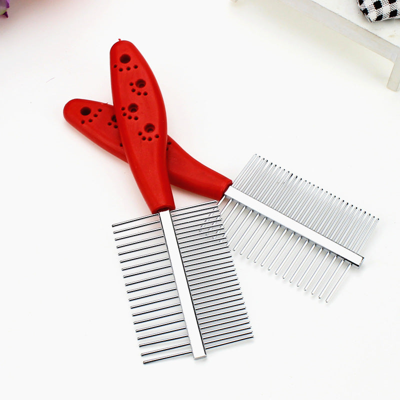 Double-row pet grooming comb in red with stainless steel teeth, ergonomic non-slip handle design for easy grooming.