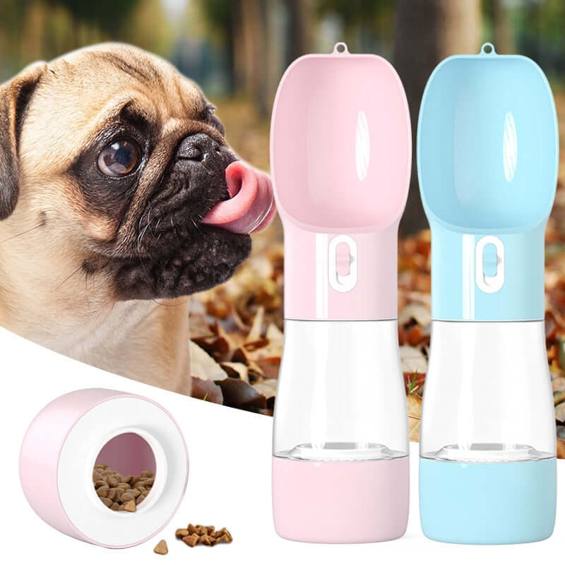 Portable pet water dispenser in pink and blue with a pug dog in the background.