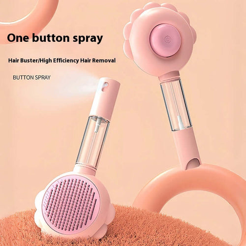 2-in-1 Self-Cleaning Dog Brush with Spray featuring one button spray for hair removal efficiency.