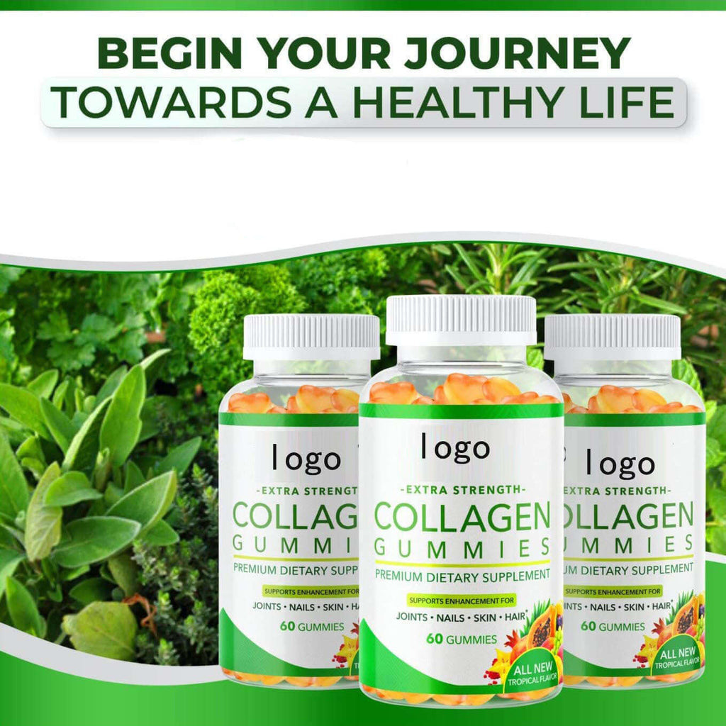 Collagen Soft Sweets in bottles, emphasizing premium dietary supplement with benefits for joints, skin, and nails.