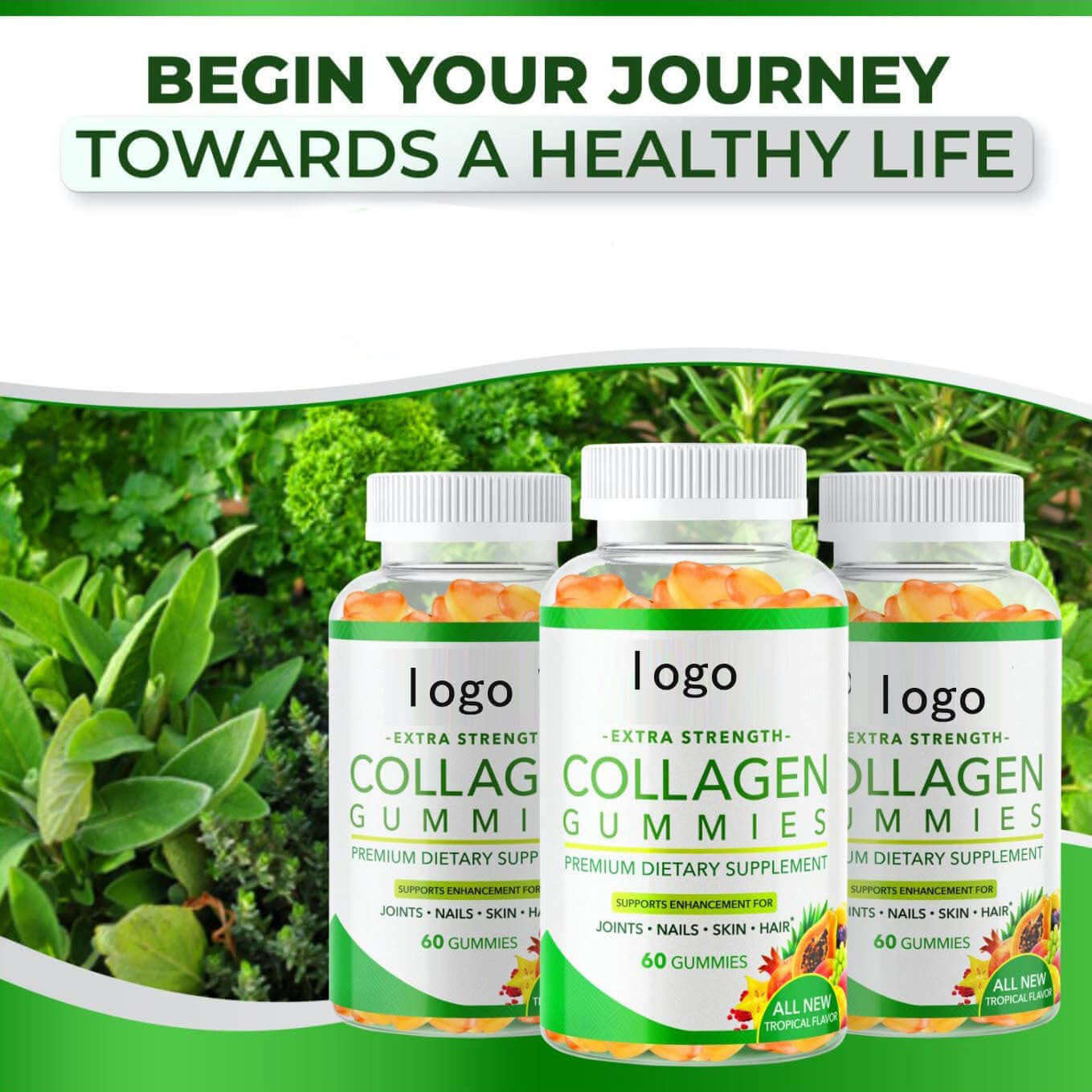 Collagen Soft Sweets in bottles, emphasizing premium dietary supplement with benefits for joints, skin, and nails.