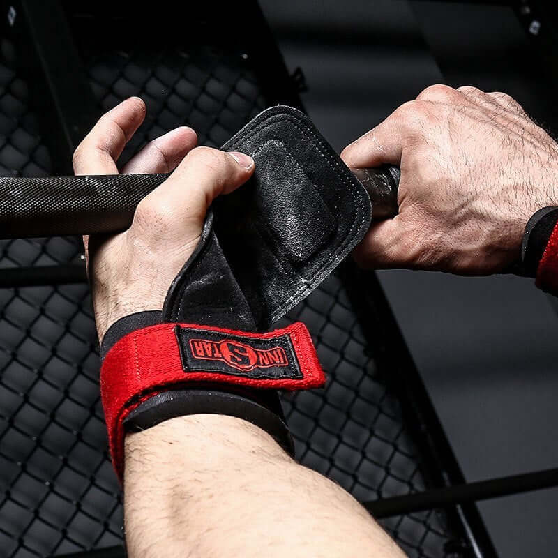 Protective gear fitness palm horizontal bar fitness wrist in use during a workout, highlighting the red and black design.