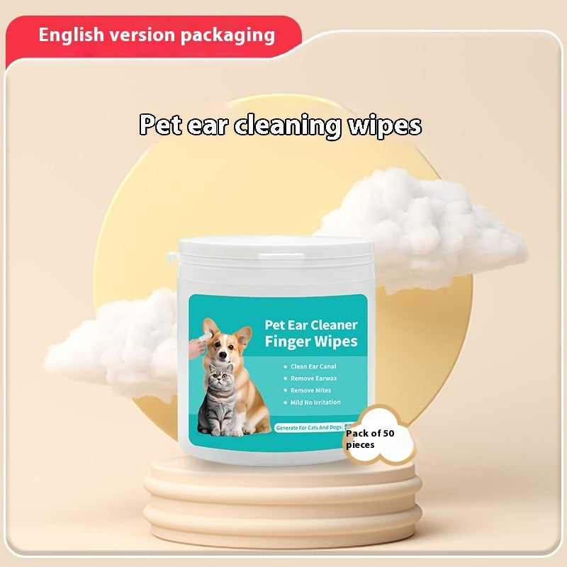 Pet Ear & Teeth Cleaning Finger Wipes for Dogs & Cats packaging displaying cleaning wipes for pet ears.