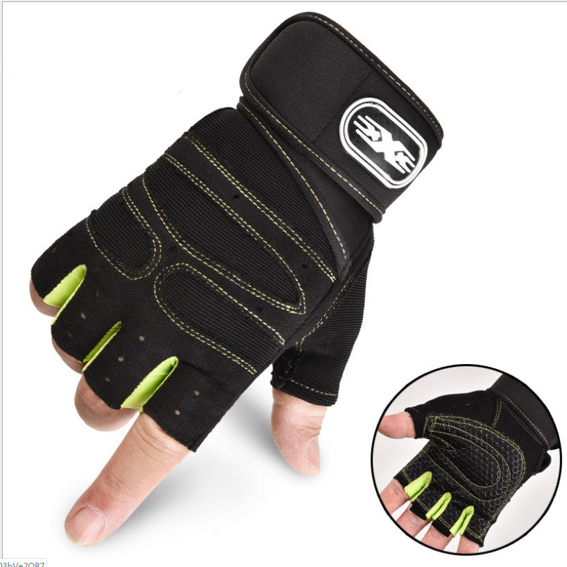 Breathable half finger cycling gloves in dark green, featuring elastic fabric and adjustable wrist clasp for outdoor bike riding.