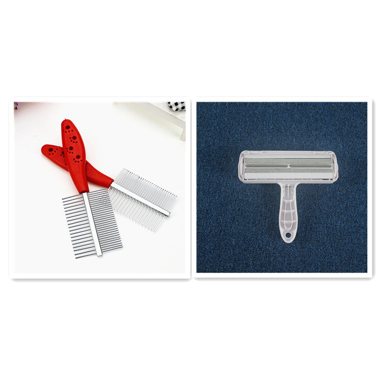 double-row pet grooming comb in red with stainless steel teeth and ergonomic handle for easy grooming.