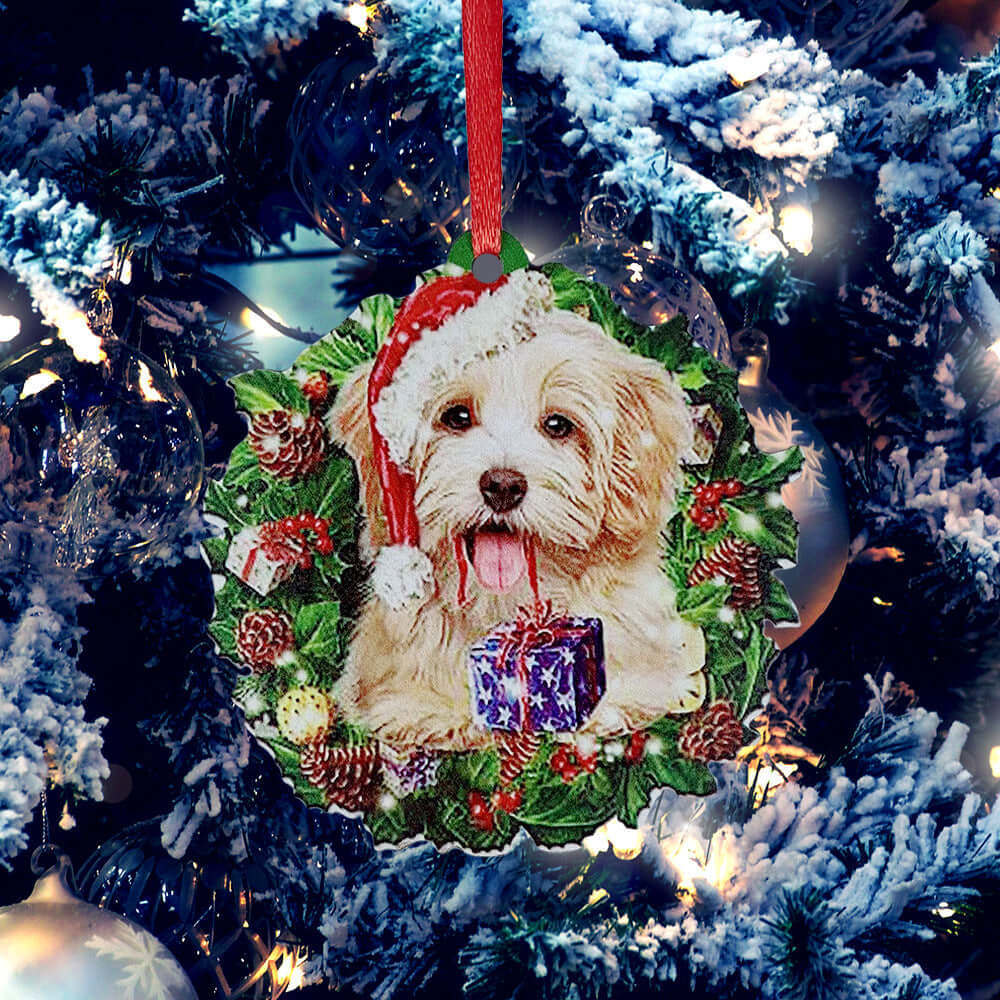 Christmas Ornaments Hanging Decoration Gift Product Personalized Family Xmas Tree Decor with a dog in a Santa hat.