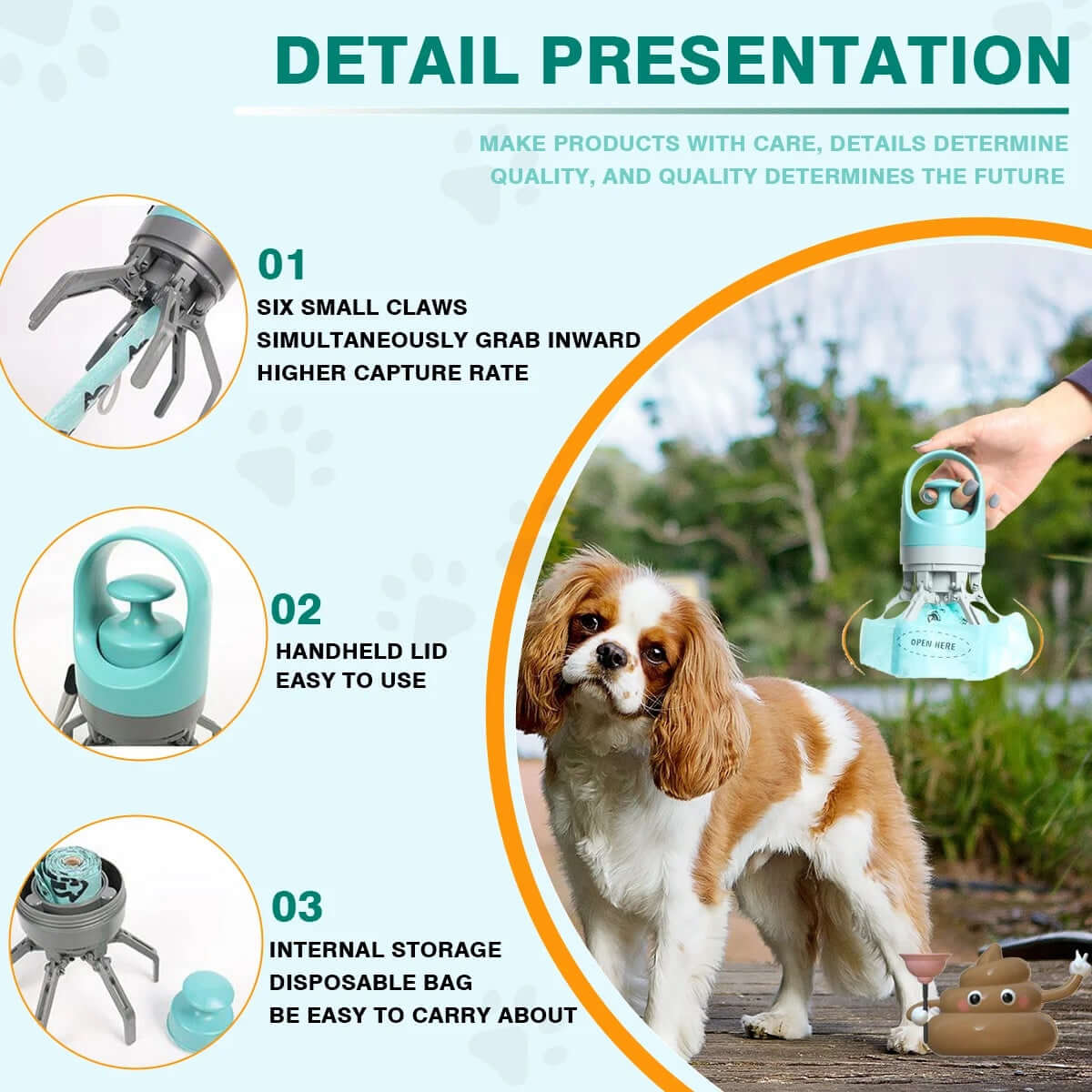 New Dog Pooper Scooper Pet Outdoors Portable Claw Poop Scooper Garbage Bag Cat Dispenser Waste Pick-up Cleaner features.