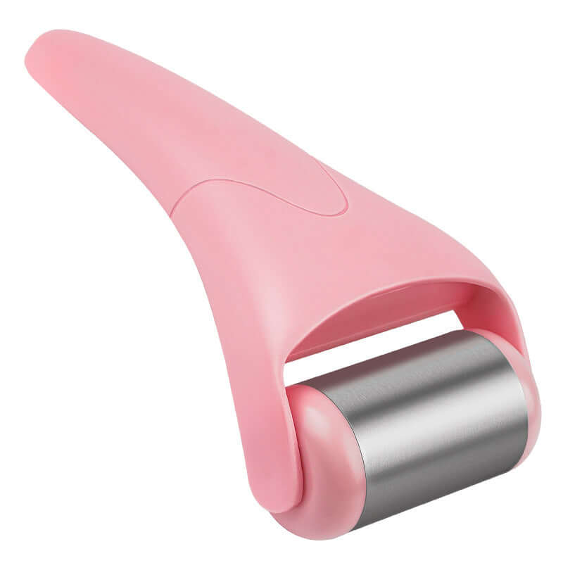 Plastic Care Facial Massage Ice Roller with pink handle and stainless steel roller for skincare.