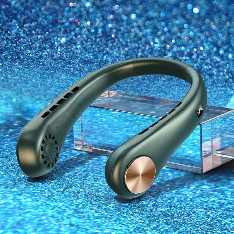 portable bladeless neck fan resting on a sparkling blue background, showcasing its modern design and features.