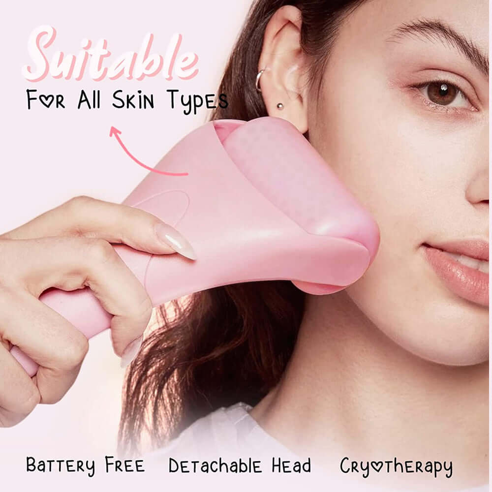 Woman using a facial massage ice roller suitable for all skin types with a detachable head and battery-free design.