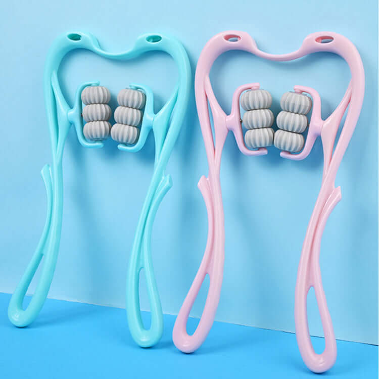 6-wheel neck massager for stress relief in blue and pink color, featuring 6-roller design for soothing muscle relaxation.