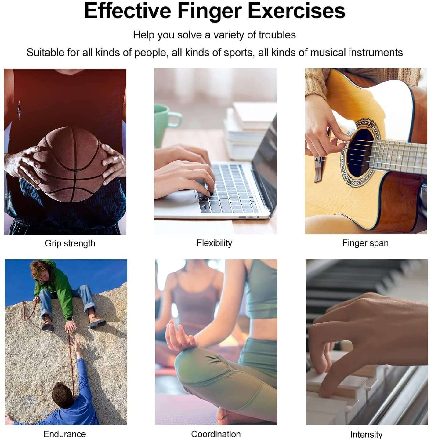 Effective Finger Exercises showcasing Grip strength, Flexibility, Finger span, Endurance, Coordination, and Intensity.
