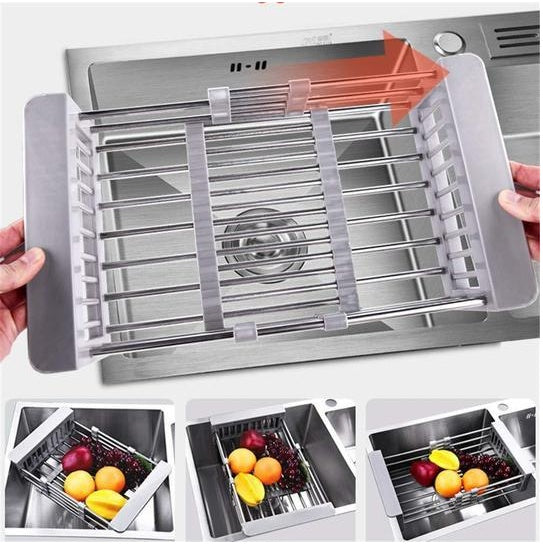 Stainless steel kitchen sink drain basket displayed above a stainless steel sink, highlighting its flexible design and large capacity.
