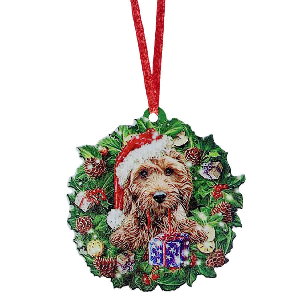 Christmas Ornaments Hanging Decoration Gift Product Personalized Family Xmas Tree Decor featuring a dog in a Santa hat.
