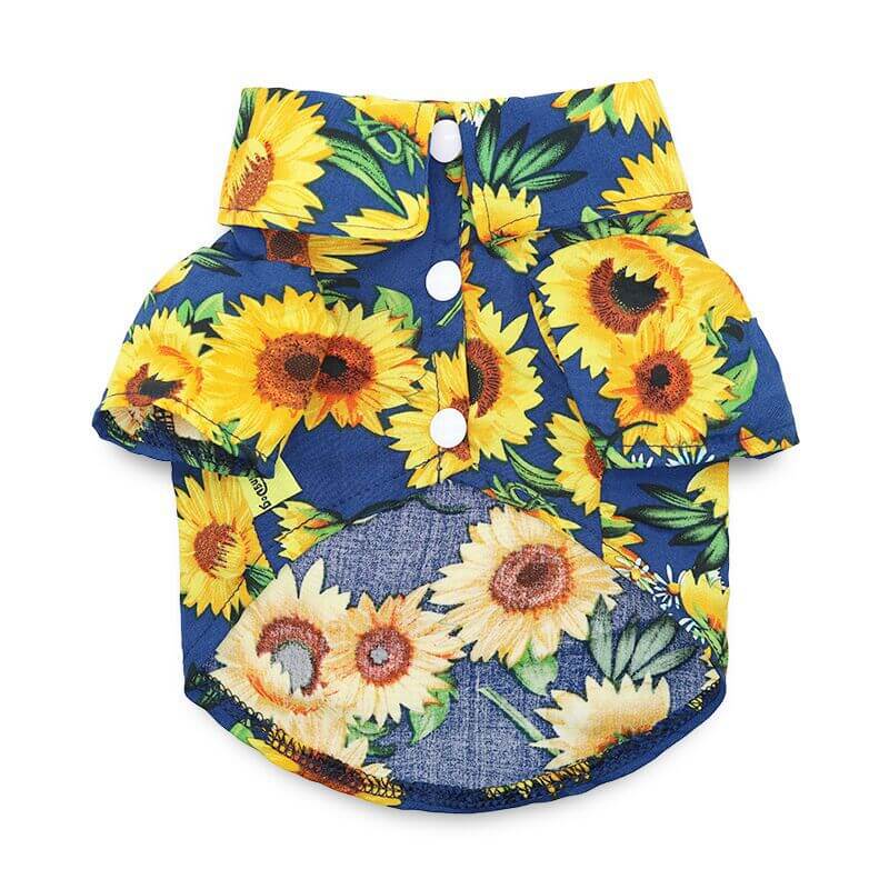 New Cat Shirt Pet Supplies in blue floral design with sunflowers for cats.