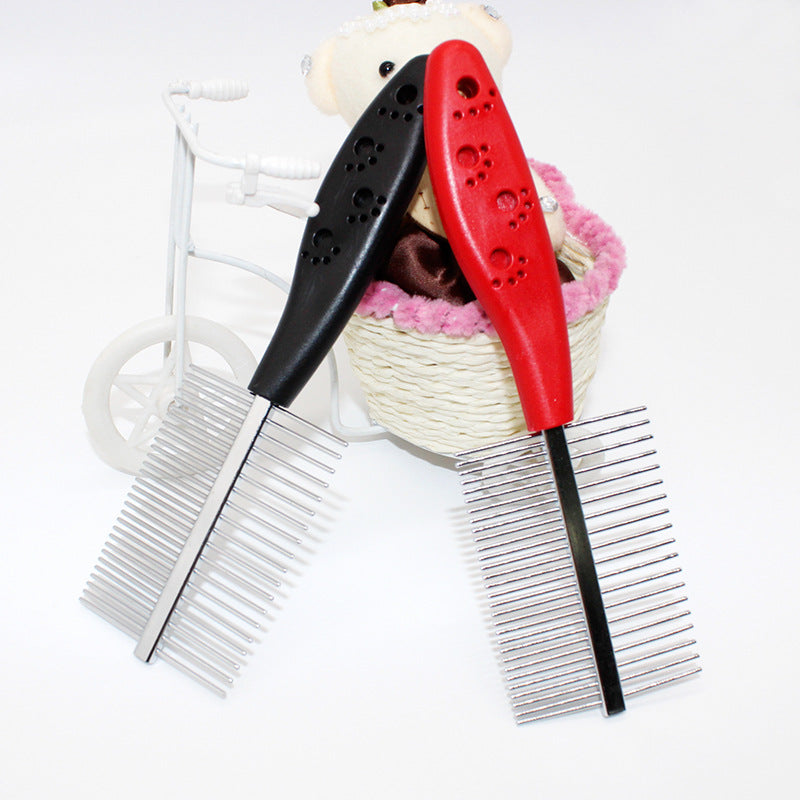 double-row pet grooming combs in red and black with ergonomic handles for easy use and comfort.