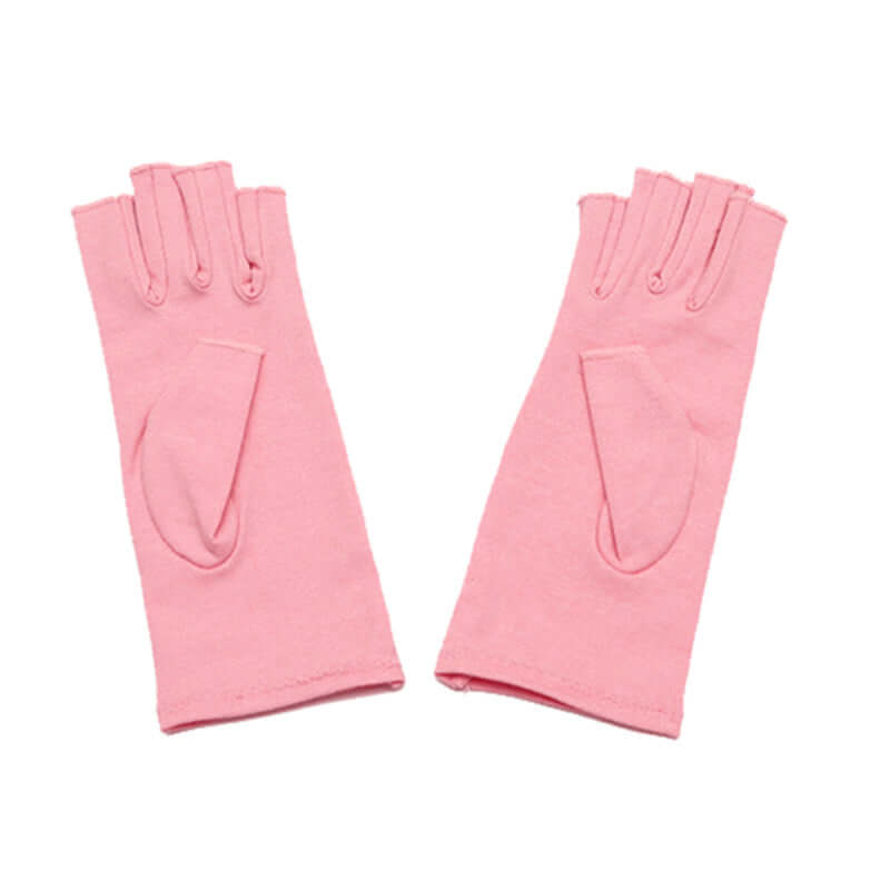 Breathable Health Care Half Finger Gloves in light pink, designed for thumb and wrist support with breathable fabric.