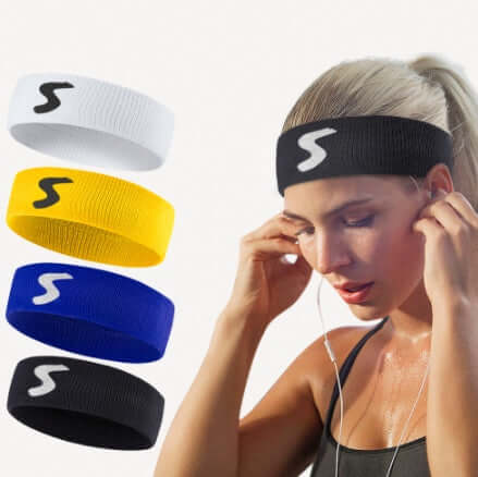 Fitness Headband in various colors: white, yellow, blue, and black, designed for active workouts.
