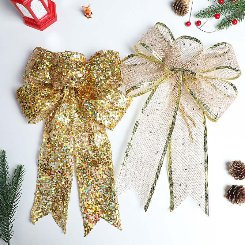 Christmas Bow Ribbon Mesh Finished Product featuring gold and champagne mesh bows, ideal for holiday decorations.