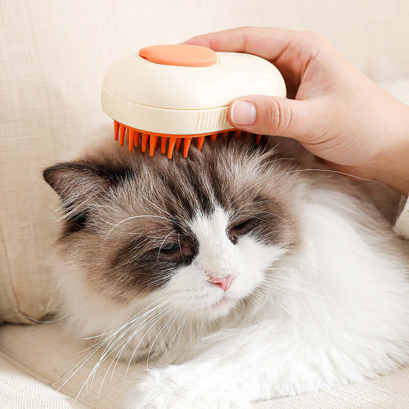 Electric pet grooming brush being used on a fluffy cat for gentle grooming and fur removal.
