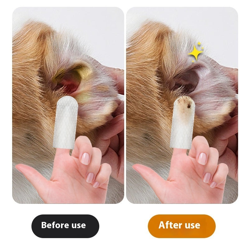 Before and after using Pet Ear & Teeth Cleaning Finger Wipes for Dogs & Cats on a dog's ear.