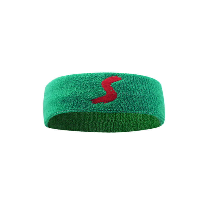 Green cotton fitness headband with a red logo, perfect for workouts and maintaining hair during exercises.
