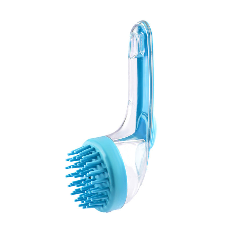 Pet bath grooming brush with a long handle and soft bristles for easy pet grooming and bathing in blue color.
