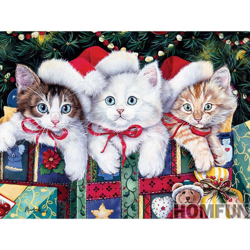 New Product Christmas Cute Pet Theme 5D Diamond Painting featuring three adorable kittens in Santa hats.