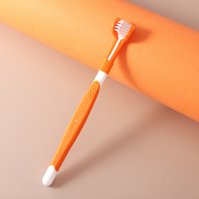 Pet toothbrush oral care in orange color, effective for cleaning your pet's teeth, featuring plastic nylon bristles.