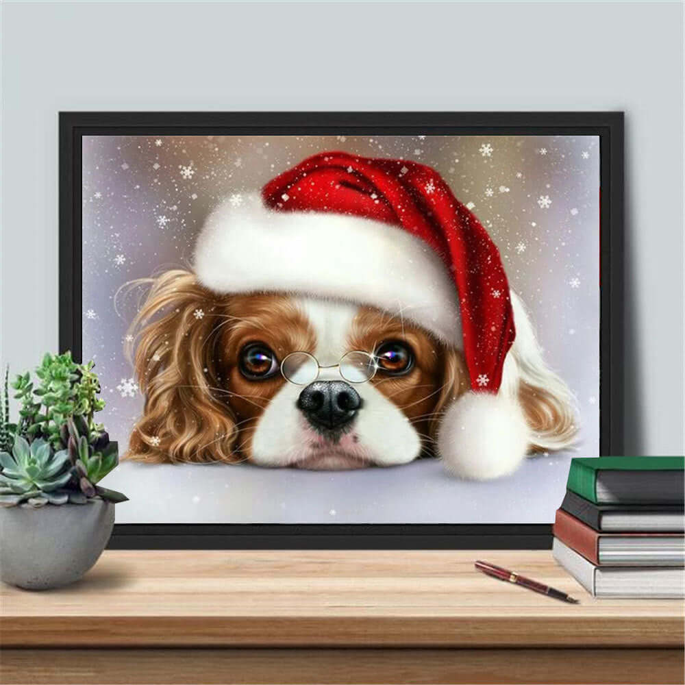 New Product Christmas Cute Pet Theme 5D Diamond Painting featuring a dog in a Santa hat.