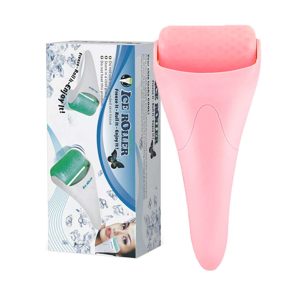 Facial massage ice roller next to its packaging designed for skin cooling and soothing irritation.