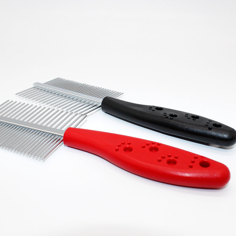 Double-row pet grooming comb in red and black with ergonomic handle and stainless steel teeth for easy grooming.