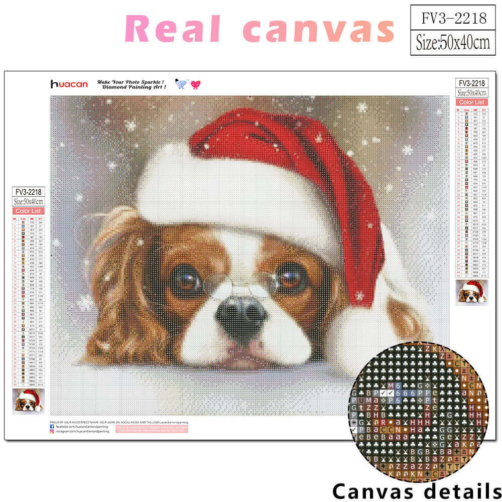 New Product Christmas Cute Pet Theme 5D Diamond Painting featuring a dog in a Santa hat on a canvas.