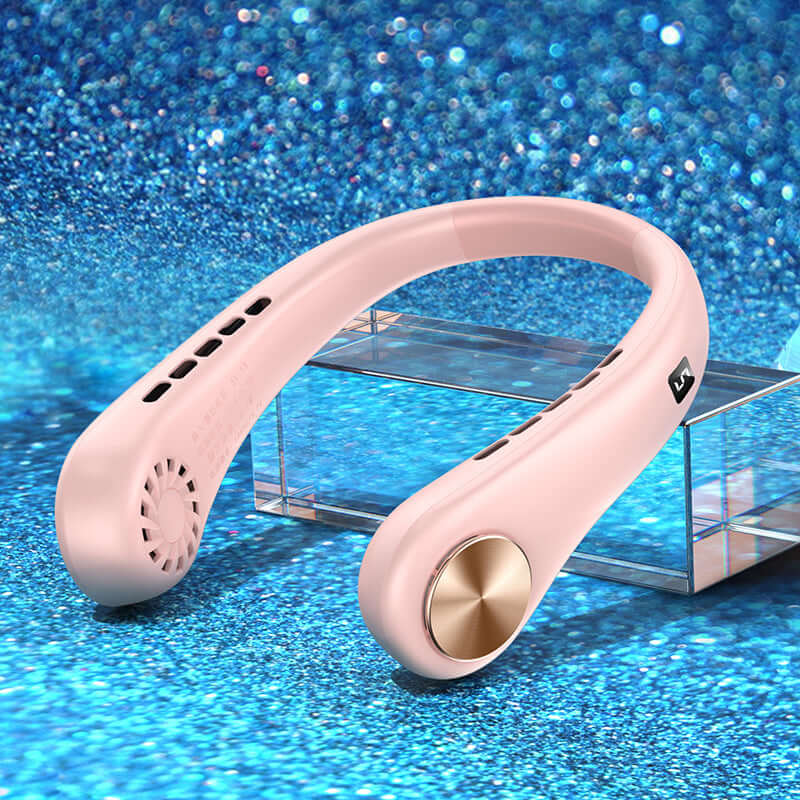 Portable bladeless neck fan resting on a reflective surface with a sparkling blue background.