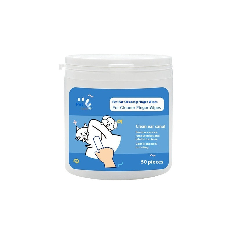 Pet Ear & Teeth Cleaning Finger Wipes for Dogs & Cats in a container with 50 ear cleaner wipes.