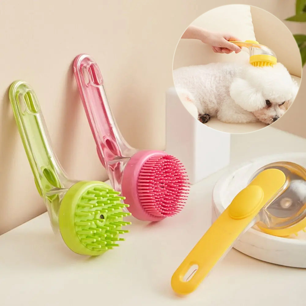 pet bath grooming brush in green and pink colors hanging on a wall with a small dog being brushed with a yellow brush