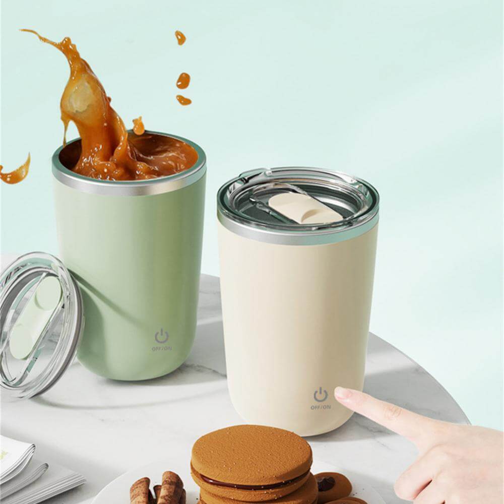 Automatic Self-Stirring Mug 350ml – Electric Stainless Steel Coffee Cup with mixed beverage and biscuits.